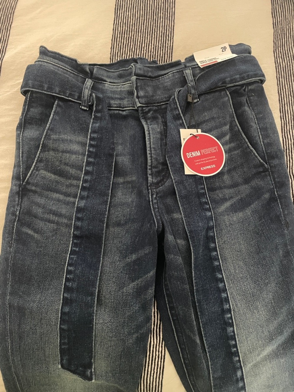 Express Women's Dark Blue Washed Ankle Jeans with Paperbag Waist